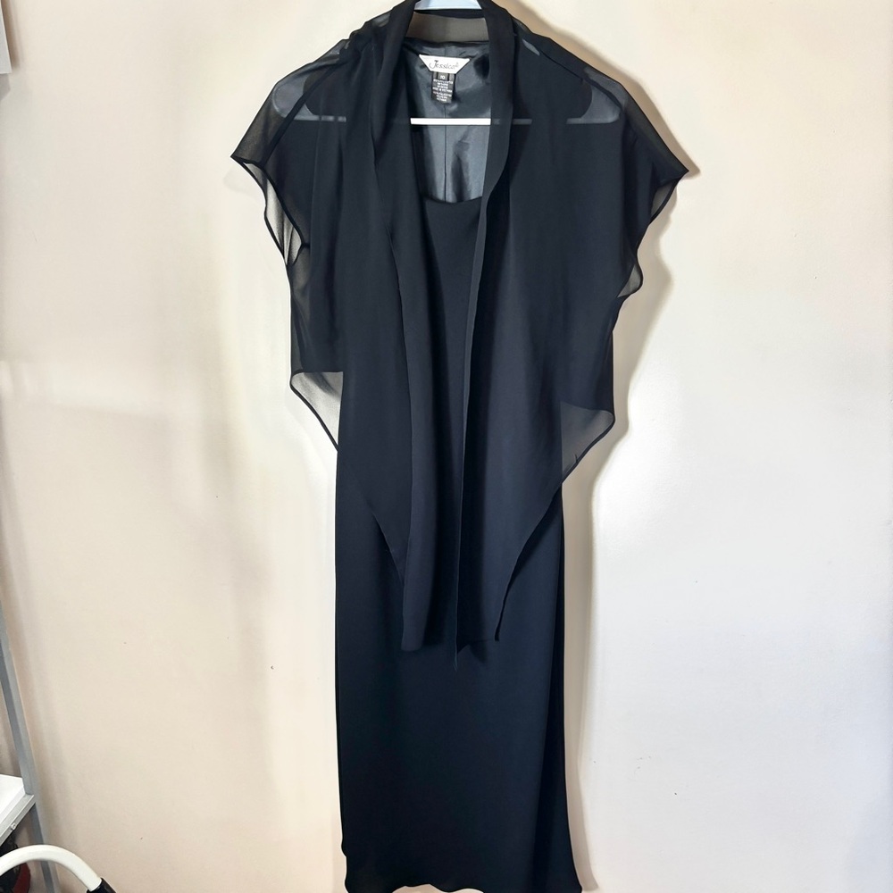 Jessica Women’s size 10 Classic Black Maxi Dress with Attached Sheer Cardigan